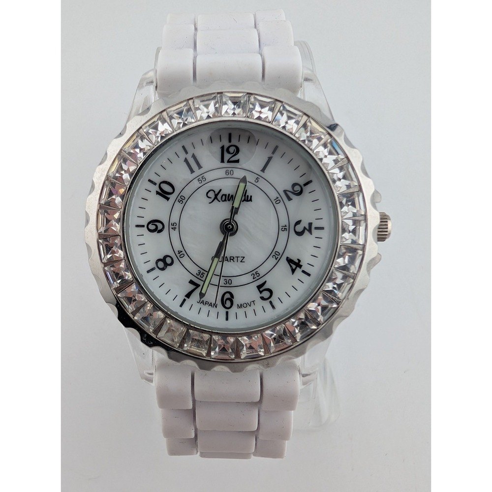 Xanadu Women's Watch 38mm Case Rhinestones White Silicone Band- New Battery